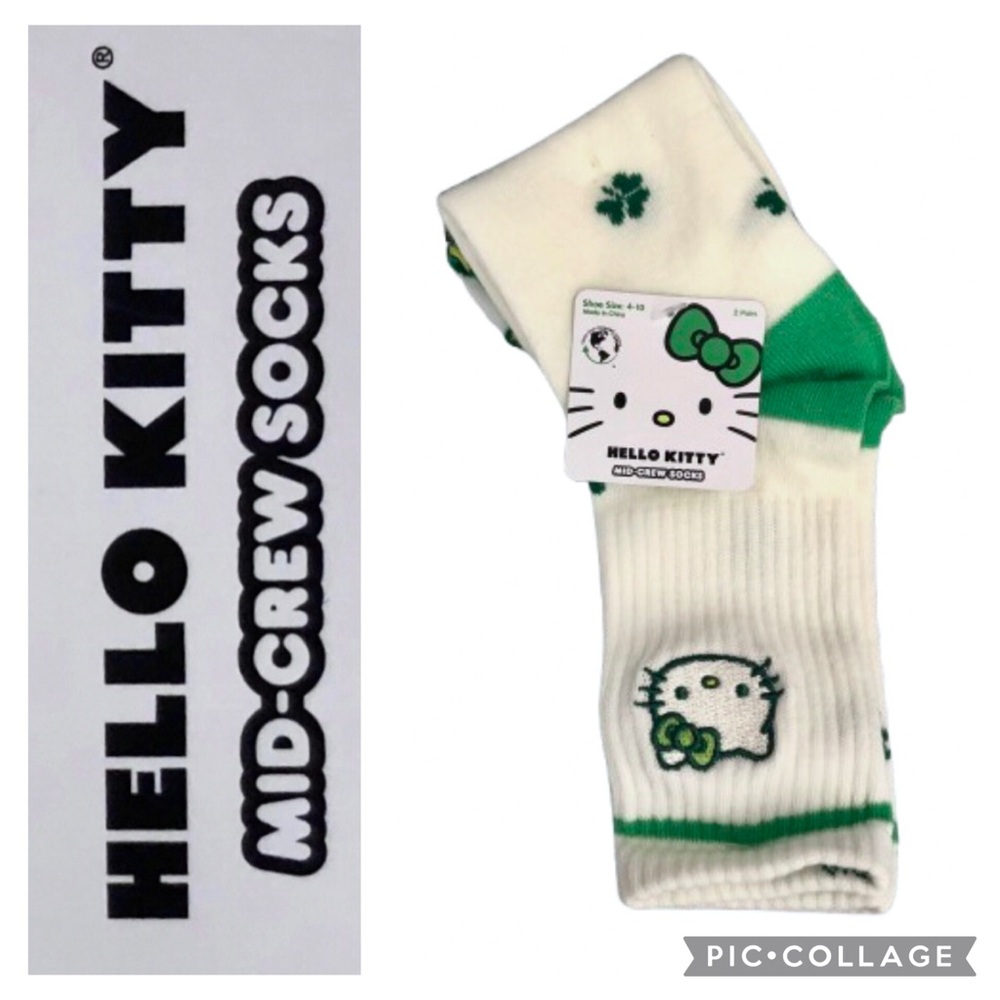 NEW HELLO KITTY Mid-Crew Socks St. Patrick's Day 2 Pack Shoe Size 4-10 Women's